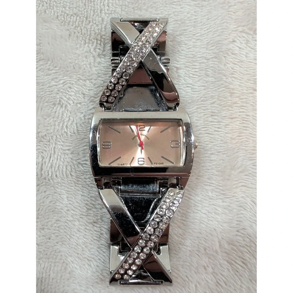 Giorgio Valentian Silver Tone Rhinestone Crossover‎ Quartz Watch P310AB